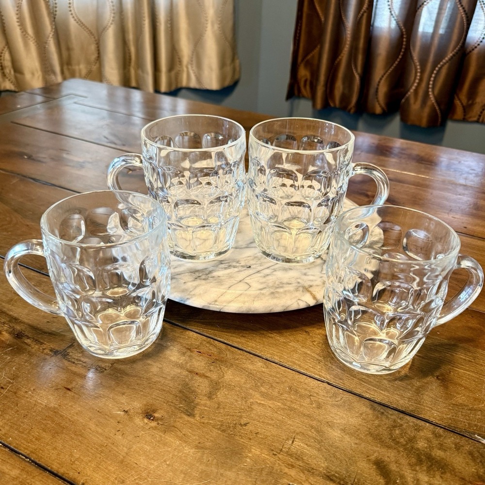 4pc VTG 70s Arcoroc France Britannia 5" Clear Glass Beer Mug Luminarc Thumbprint